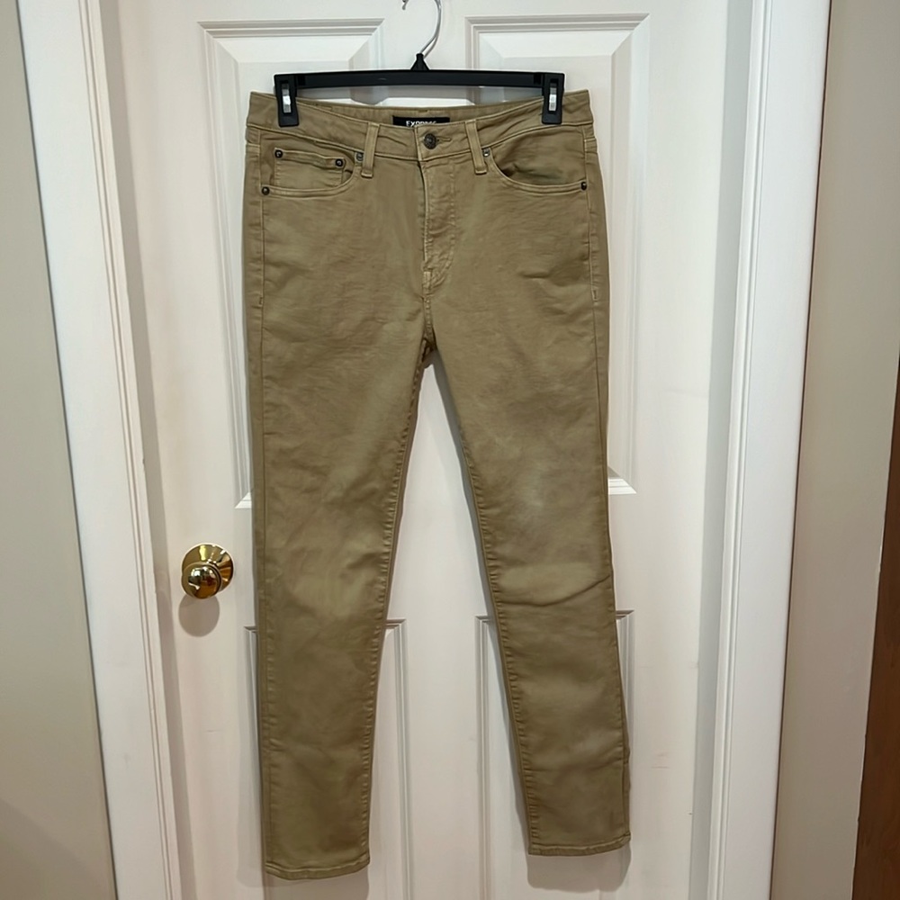 Express, men’s, 32x32, tan/khaki, hyper stretch skinny jeans. - Picture 1 of 2